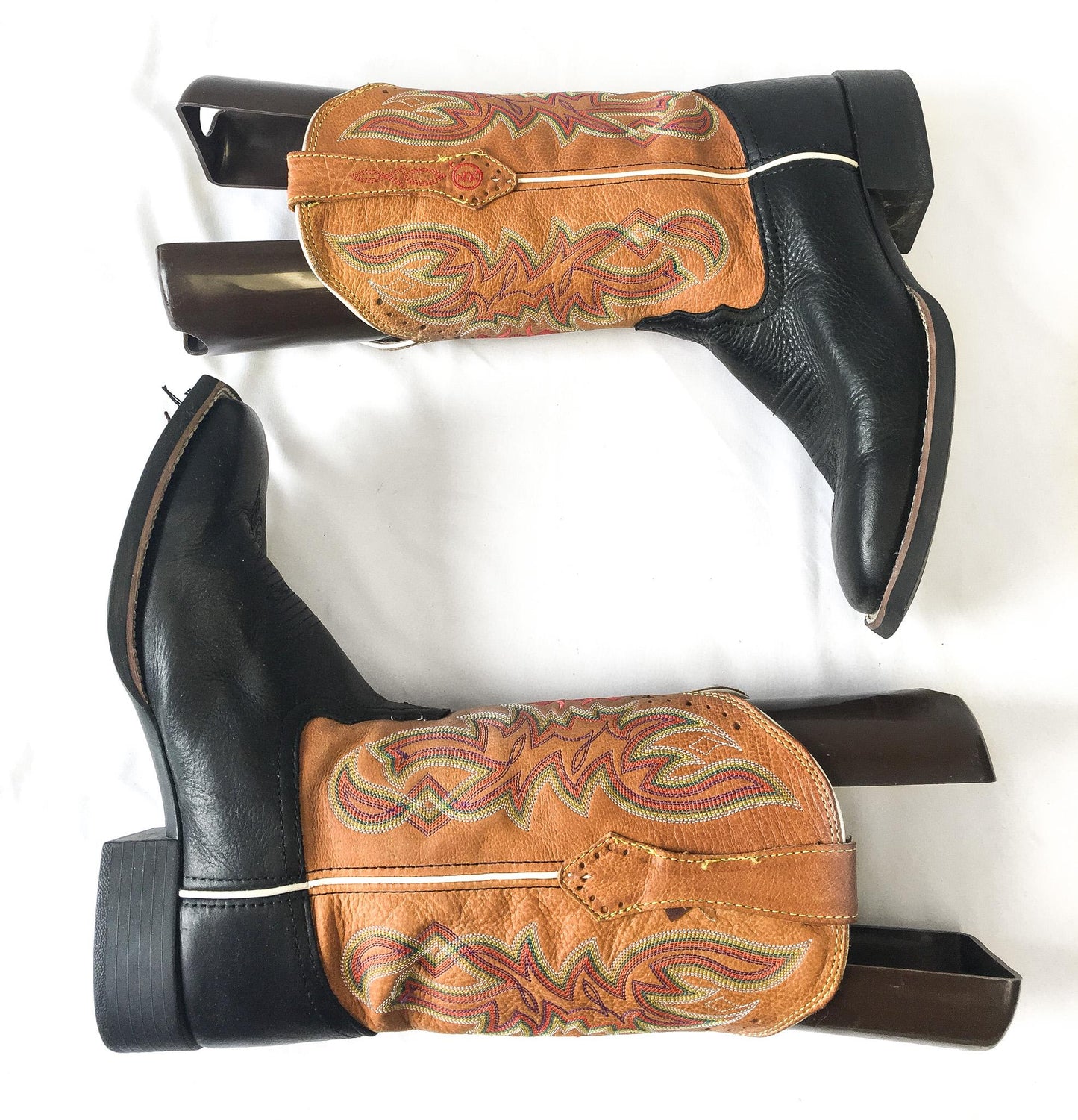 Vintage Inspired Tony Lama Black and Brown Leather Cowboy Boots with Multicolor Embroidery, Style #RR22113L, Men's Sz. 9B