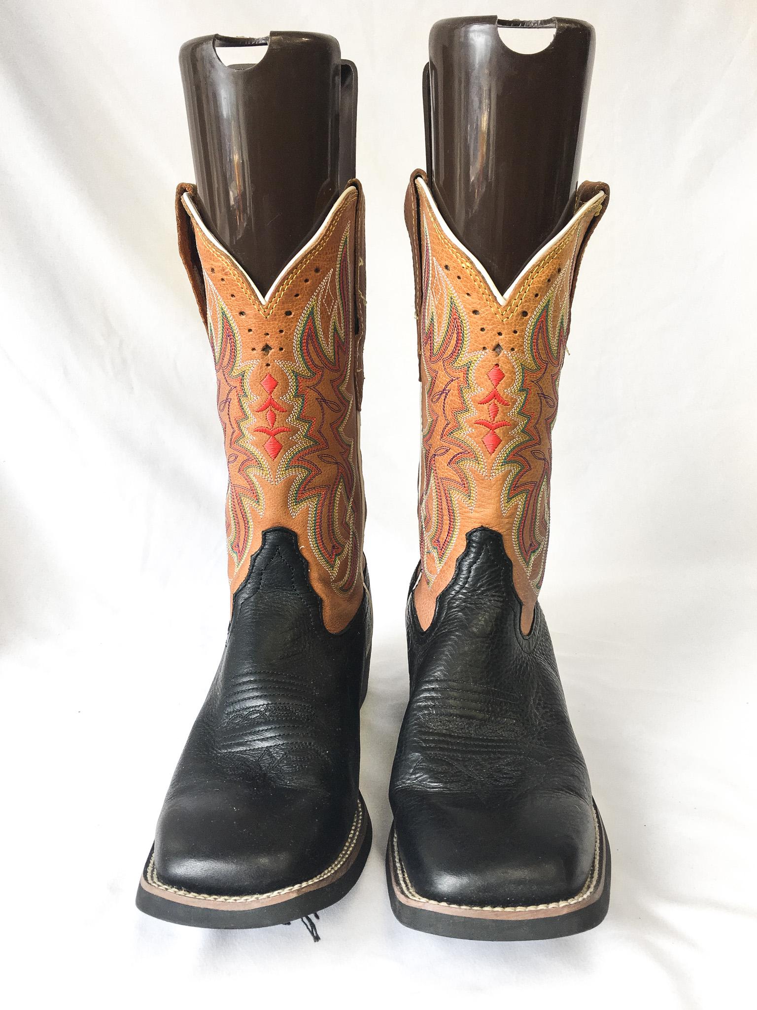Vintage Inspired Tony Lama Black and Brown Leather Cowboy Boots with Multicolor Embroidery, Style #RR22113L, Men's Sz. 9B