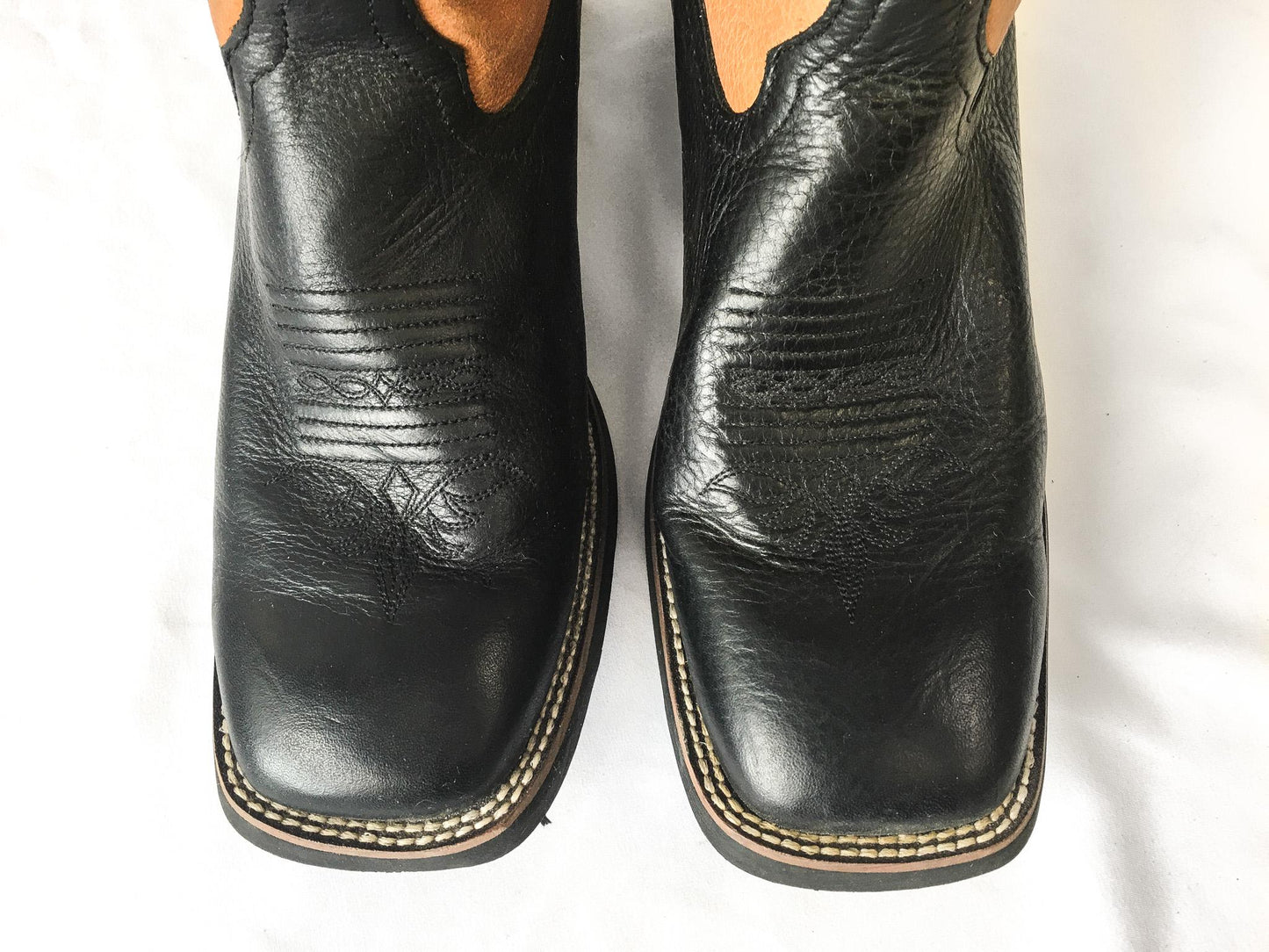 Vintage Inspired Tony Lama Black and Brown Leather Cowboy Boots with Multicolor Embroidery, Style #RR22113L, Men's Sz. 9B
