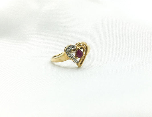10K Pear Shaped Ruby and Diamond Heart Ring, Size 5