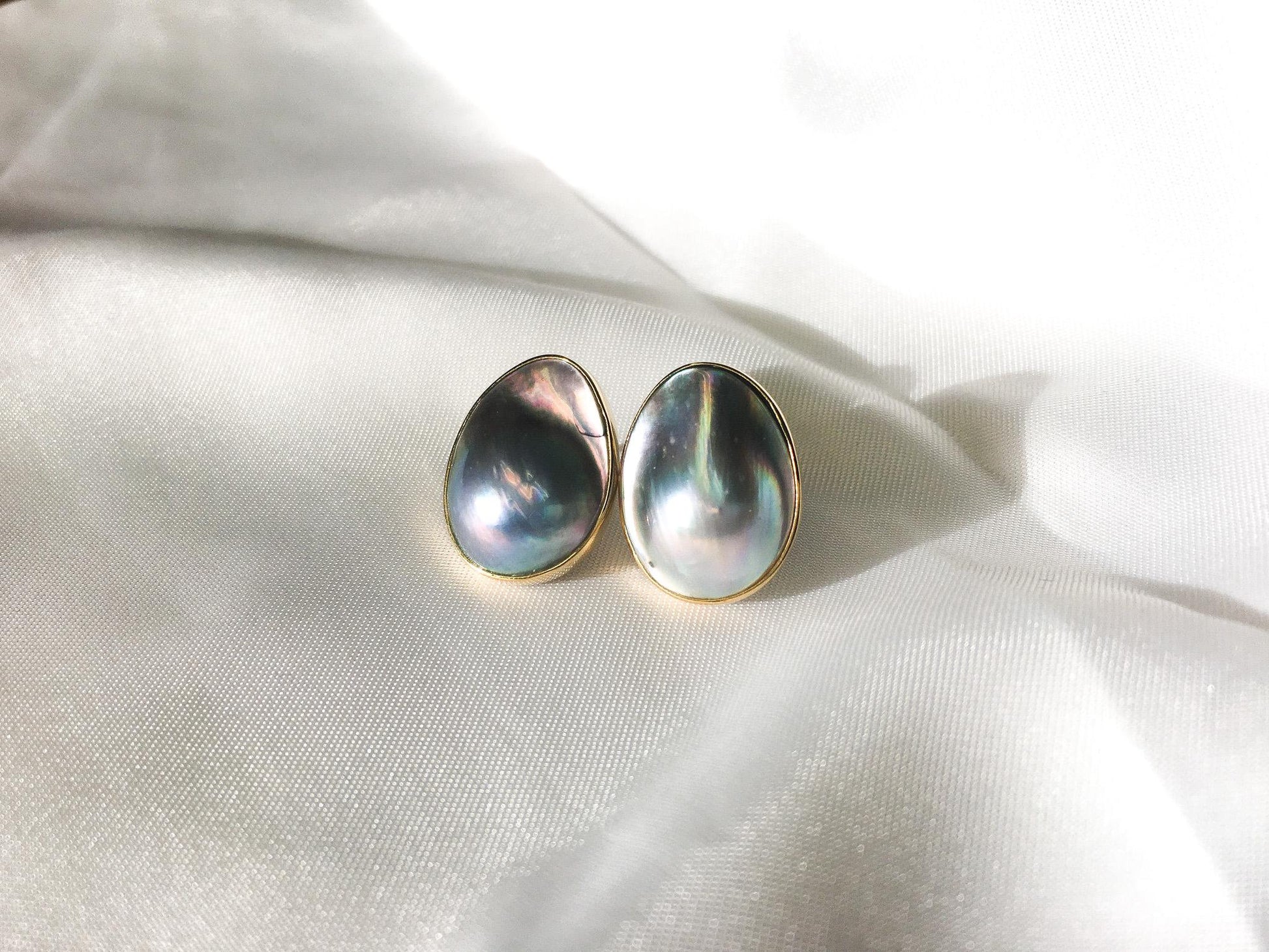 24K Gold Edge Blister Pearl Oval Stud Earrings, Unique Colored Pearl Earrings