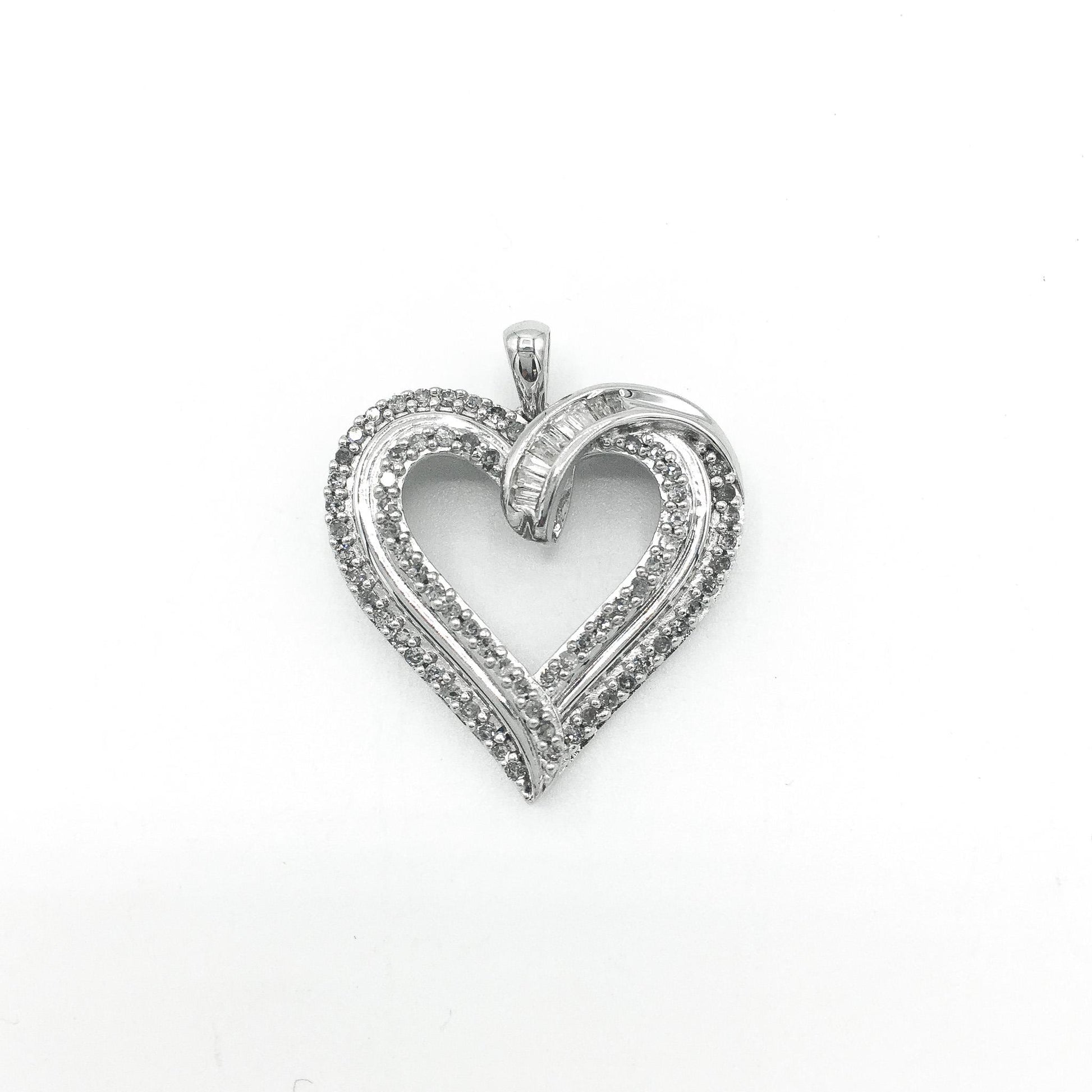 925 Diamond Round and Baguette Cut Heart Pendant, Simple Everyday Pendant