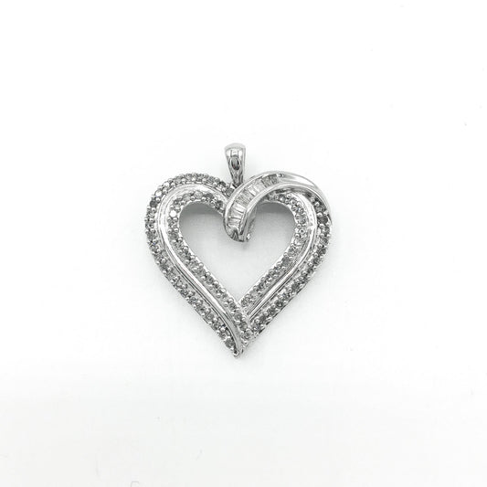 925 Diamond Round and Baguette Cut Heart Pendant, Simple Everyday Pendant