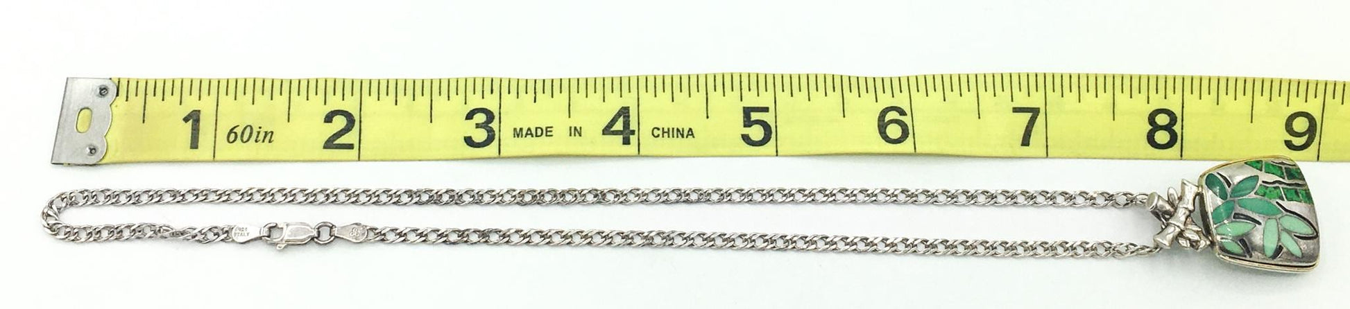 18K 925 Eric Grossbardt Green Bamboo Pendant on 925 Italy 16" Chain, Rare Find
