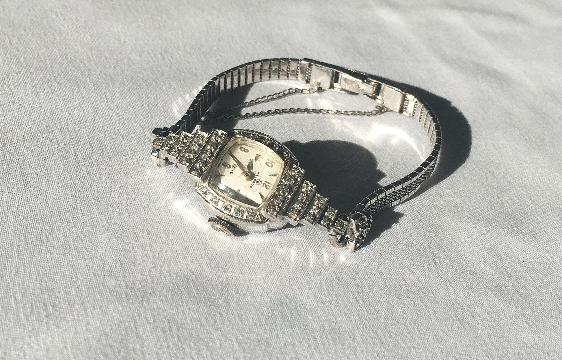 Speidel 10K 1/20 Gold Filled Diamond & Glass Stone Bezel Stainless Steel Watch, 7", Not in Working Condition, Art Deco Cocktail Watch