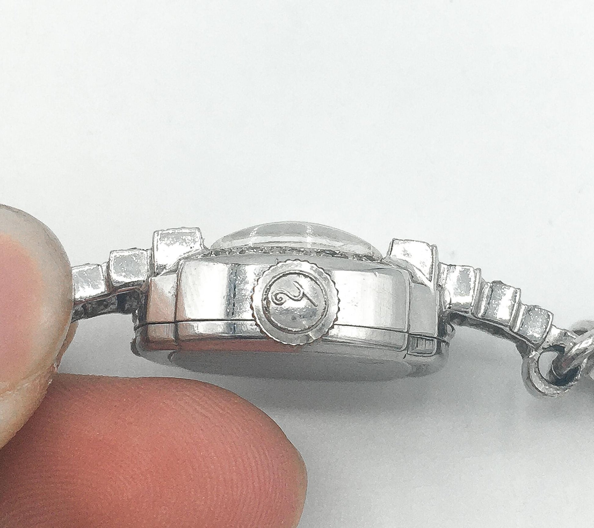 Speidel 10K 1/20 Gold Filled Diamond & Glass Stone Bezel Stainless Steel Watch, 7", Not in Working Condition, Art Deco Cocktail Watch