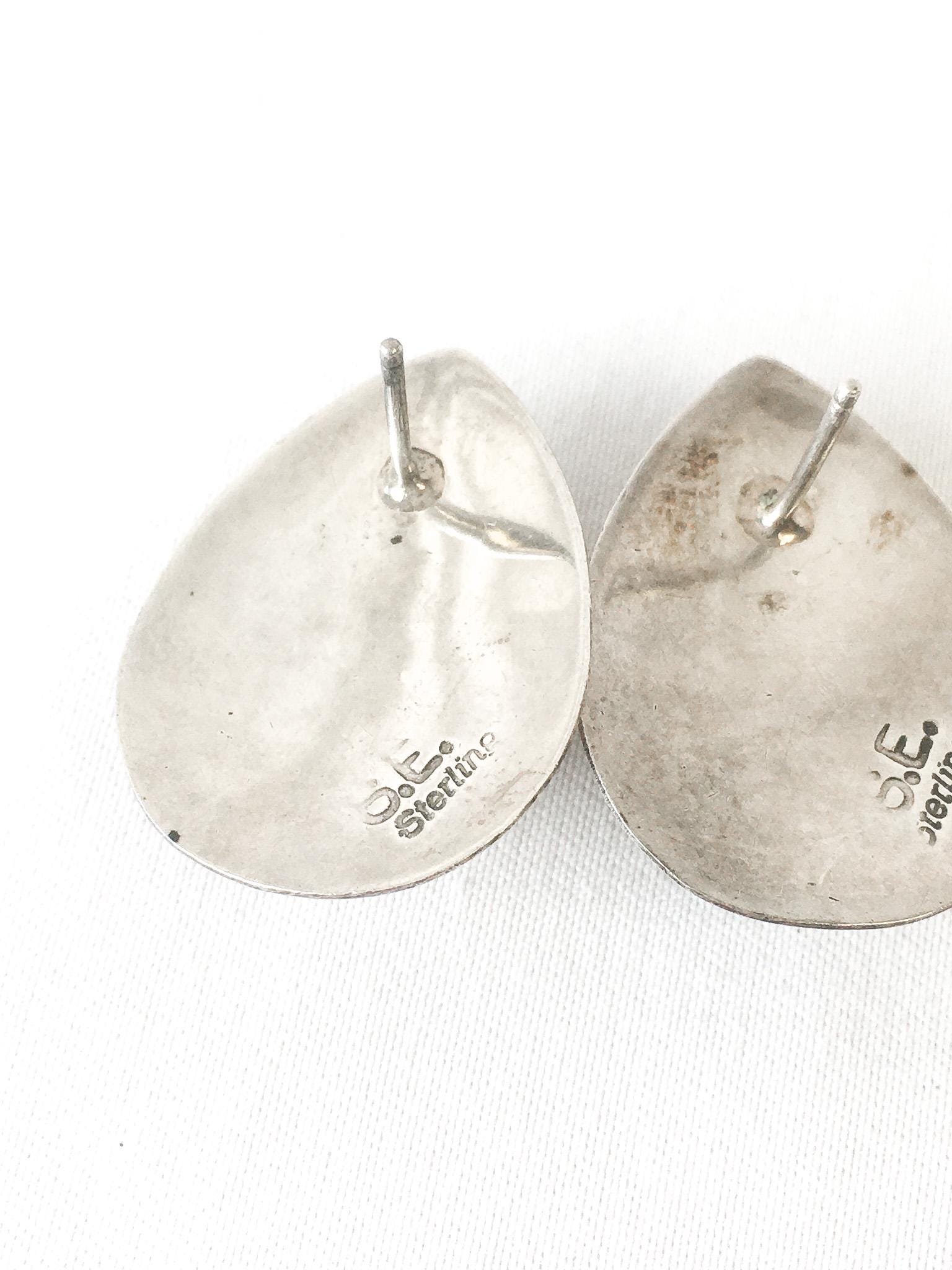 Vintage Sterling Silver S.E. Stamped Azurite Teardrop Stud Earrings, 1", Vintage Navajo Boho Earrings