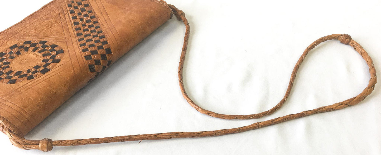 Vintage Handcrafted Tooled and Woven Leather Crossbody Bag, Vintage Western Boho Handbag