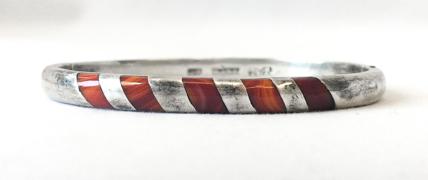 Vintage 925 Mexico TD-79 Inlaid Red/Orange Stone Bangle Bracelet, Native American Boho Style Bracelet