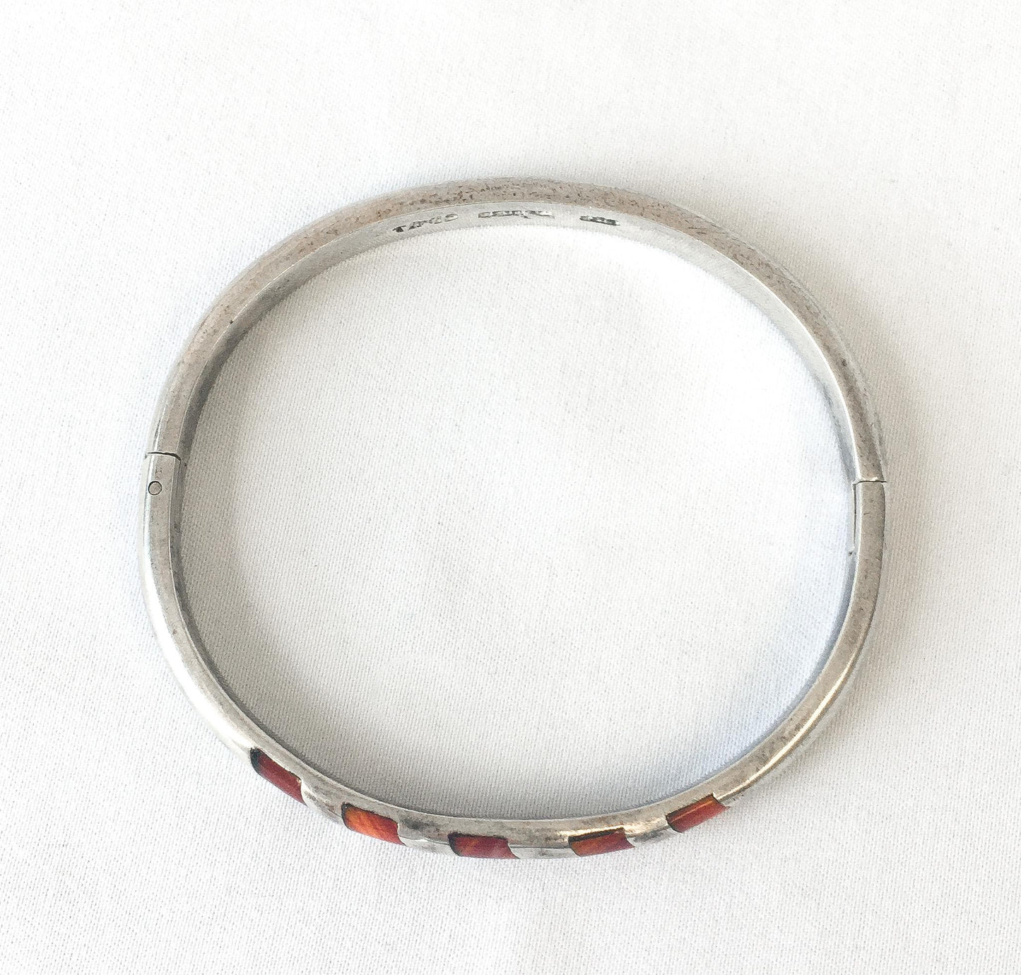 Vintage 925 Mexico TD-79 Inlaid Red/Orange Stone Bangle Bracelet, Native American Boho Style Bracelet