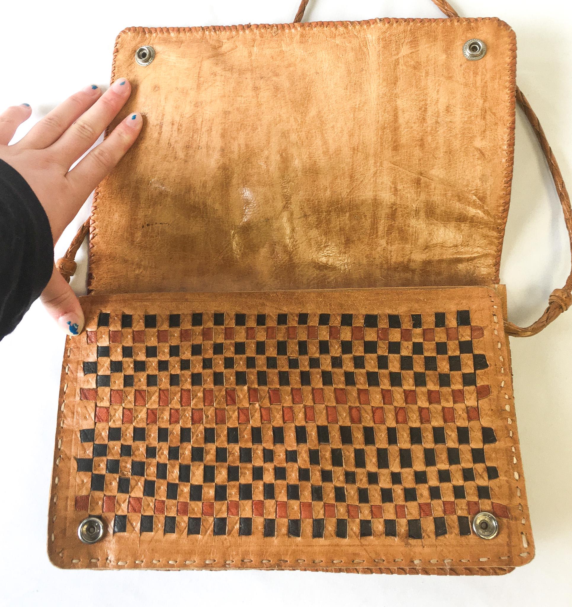 Vintage Handcrafted Tooled and Woven Leather Crossbody Bag, Vintage Western Boho Handbag