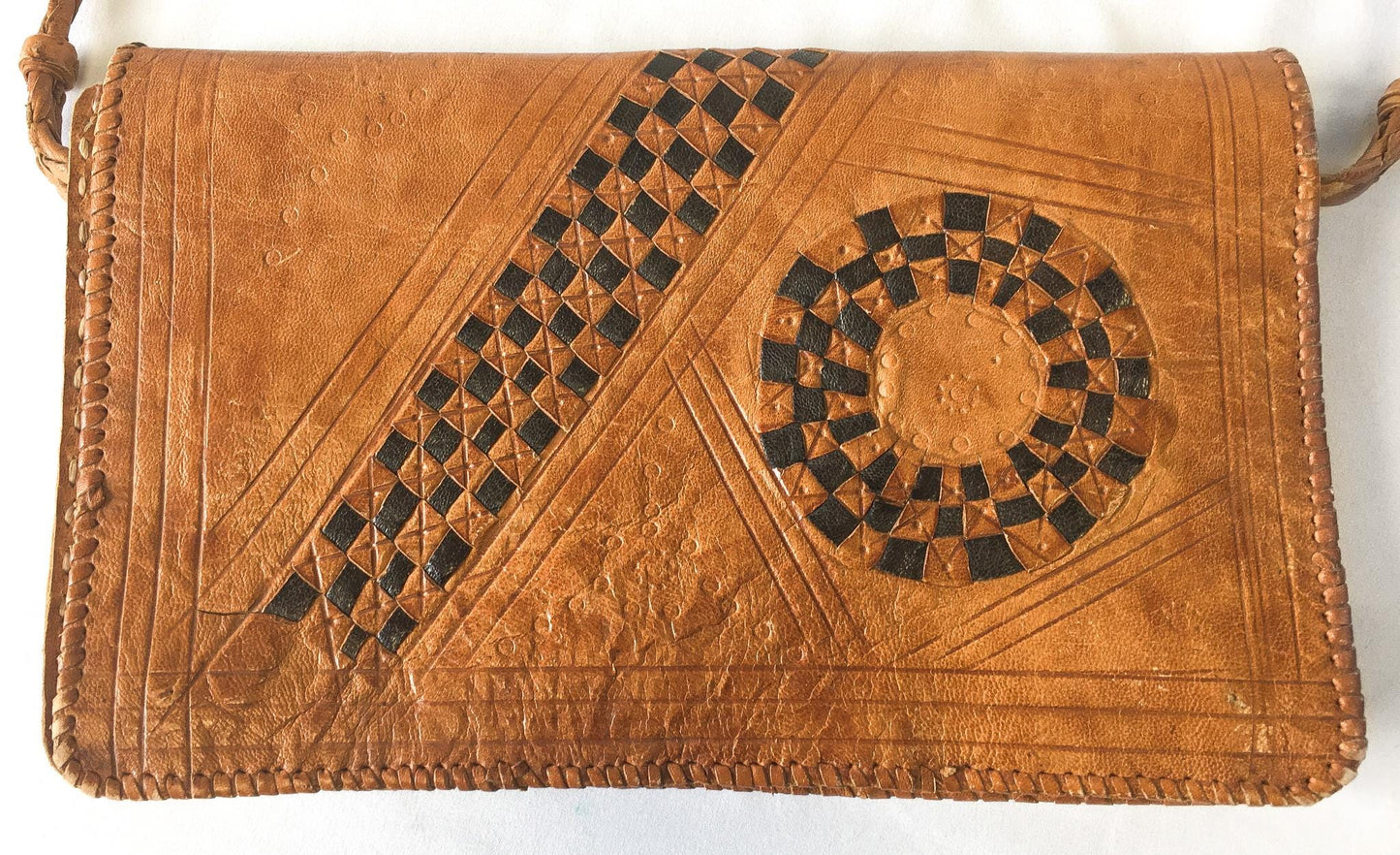 Vintage Handcrafted Tooled and Woven Leather Crossbody Bag, Vintage Western Boho Handbag