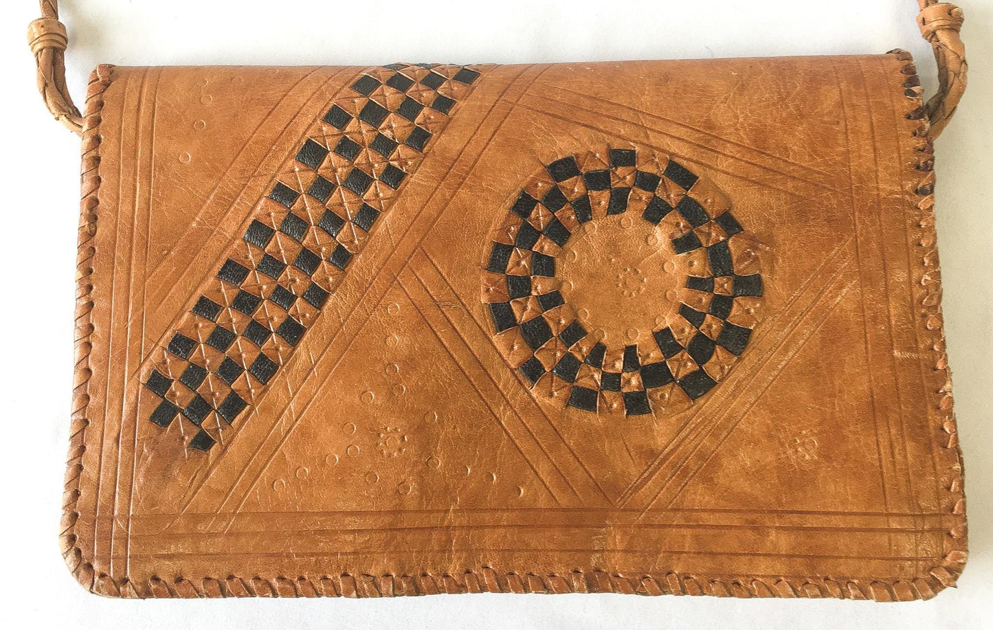 Vintage Handcrafted Tooled and Woven Leather Crossbody Bag, Vintage Western Boho Handbag