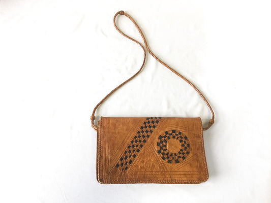 Vintage Handcrafted Tooled and Woven Leather Crossbody Bag, Vintage Western Boho Handbag