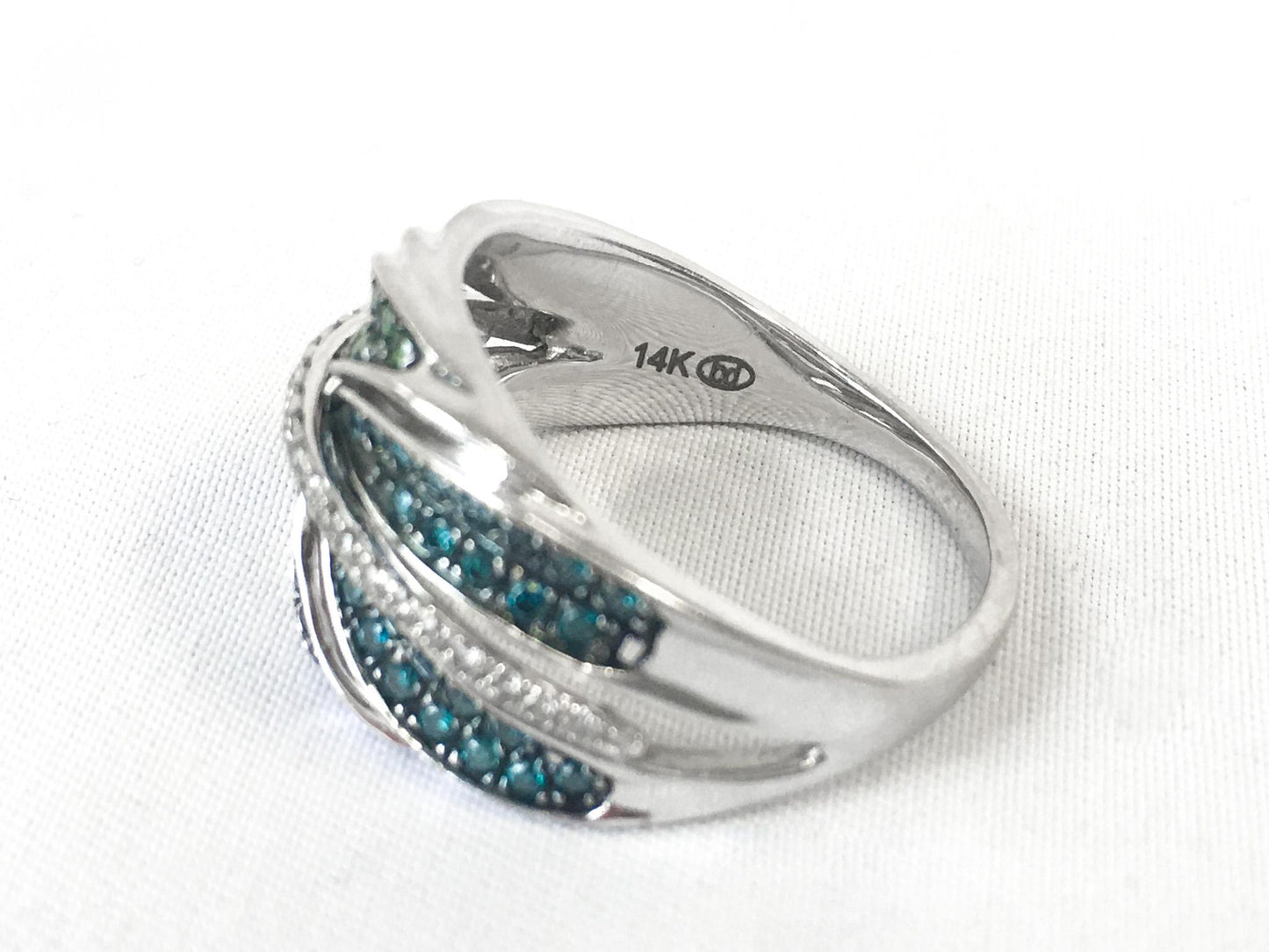 Lab Created Blue, Green, and Yellow Diamond Feather 14k White Gold Ring, Size 9.25