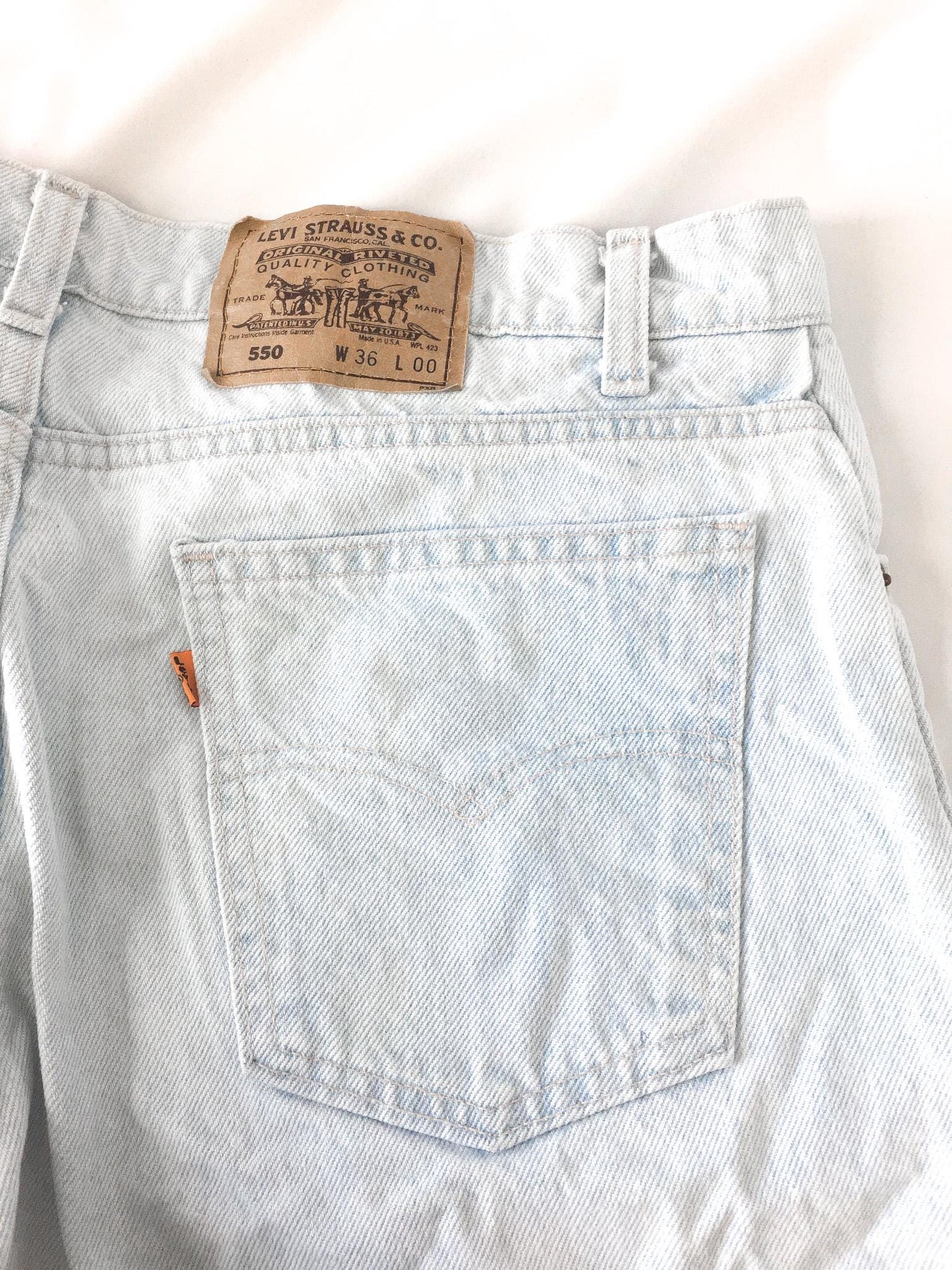 Vintage Levi's Orange Tab 550 Ultra Light Wash Denim Jean Shorts, Sz. 36", Unisex Levi's Jean Shorts