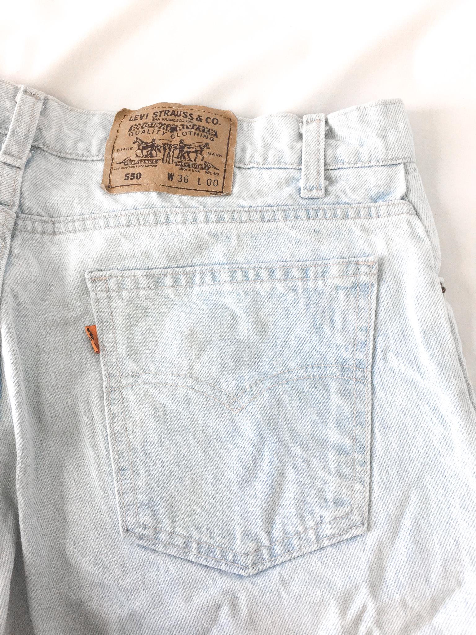 Vintage Levi's Orange Tab 550 Ultra Light Wash Denim Jean Shorts, Sz. 36", Unisex Levi's Jean Shorts