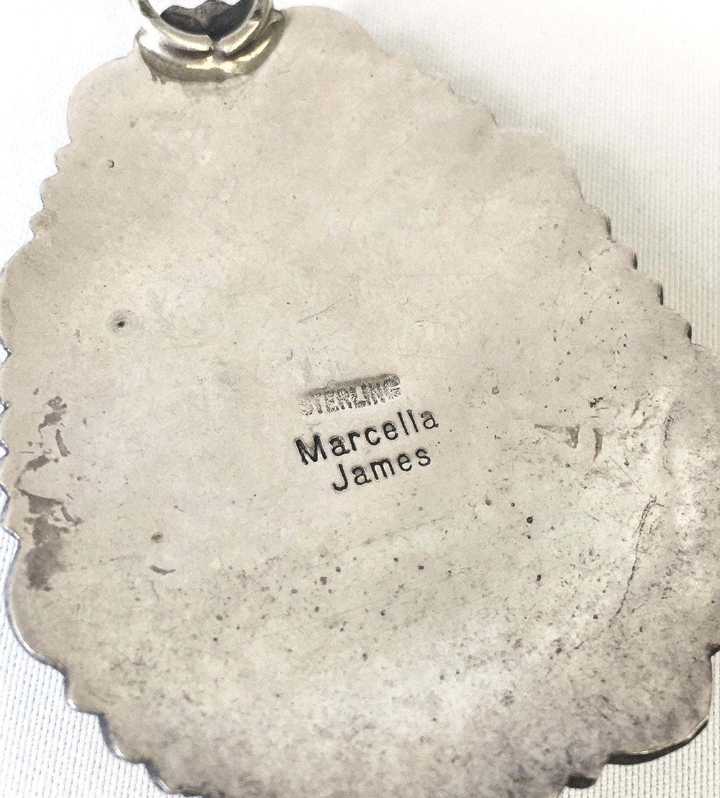 Vintage Marcella James Sterling White Turquoise Concho Style Navajo Pendant, 1.75", Vintage Native Western Boho Style Pendant Necklace