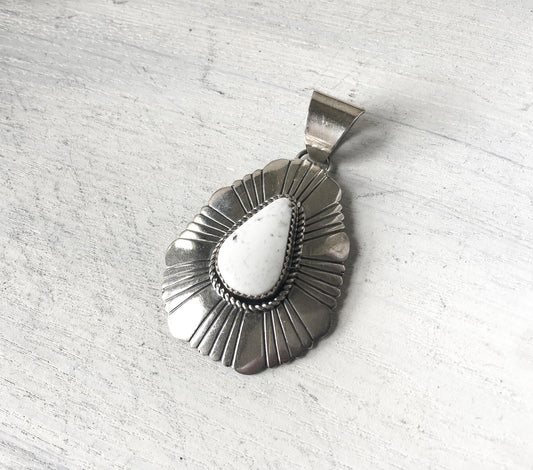 Vintage Marcella James Sterling White Turquoise Concho Style Navajo Pendant, 1.75", Vintage Native Western Boho Style Pendant Necklace