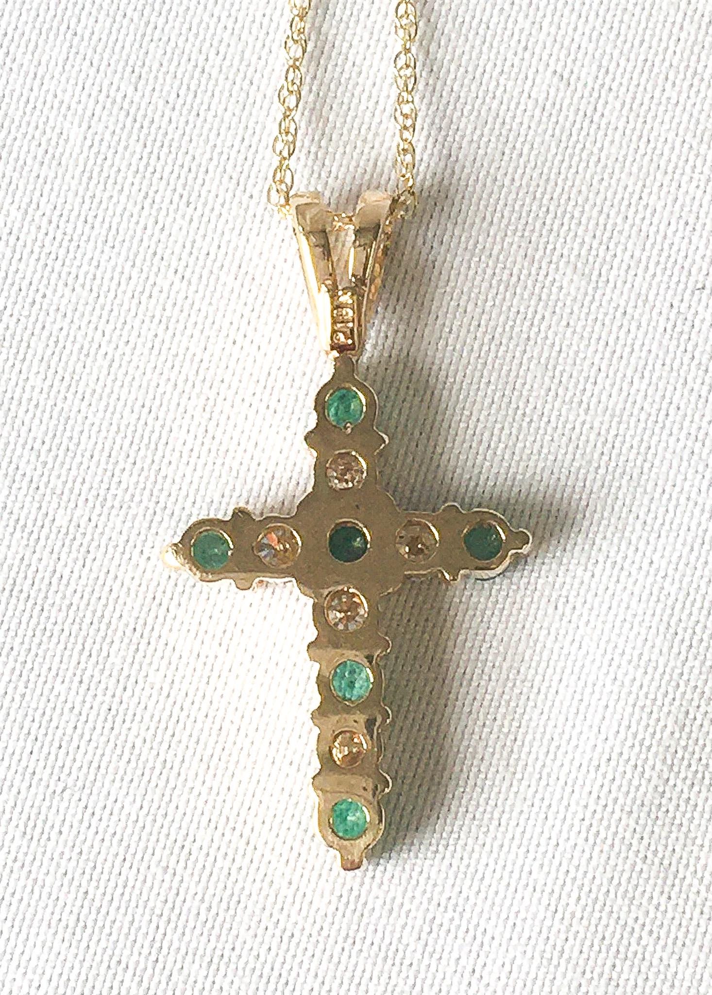 10K Gold Diamond and Green Sapphire Cross Pendant on 18" 10K Gold Chain, Elegant Simple Everyday Cross Necklace