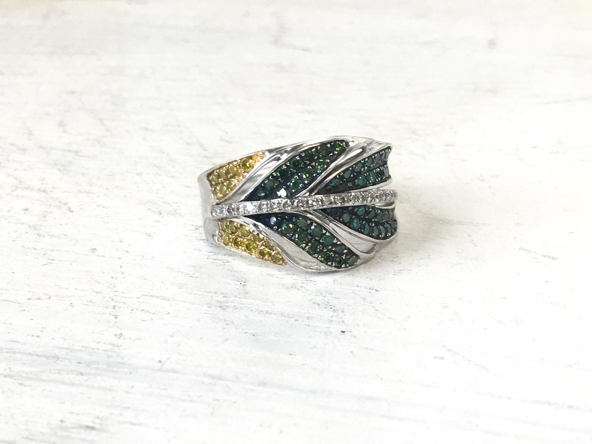 Lab Created Blue, Green, and Yellow Diamond Feather 14k White Gold Ring, Size 9.25