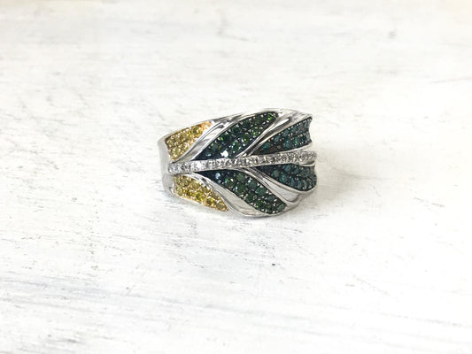 Lab Created Blue, Green, and Yellow Diamond Feather 14k White Gold Ring, Size 9.25