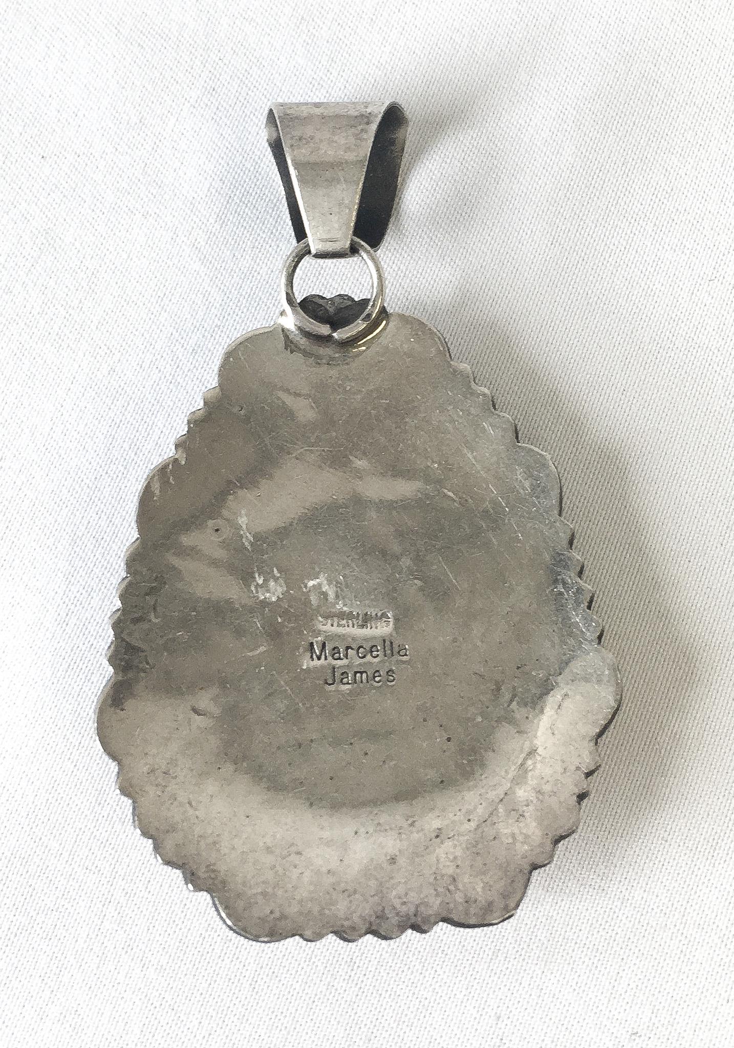 Vintage Marcella James Sterling White Turquoise Concho Style Navajo Pendant, 1.75", Vintage Native Western Boho Style Pendant Necklace