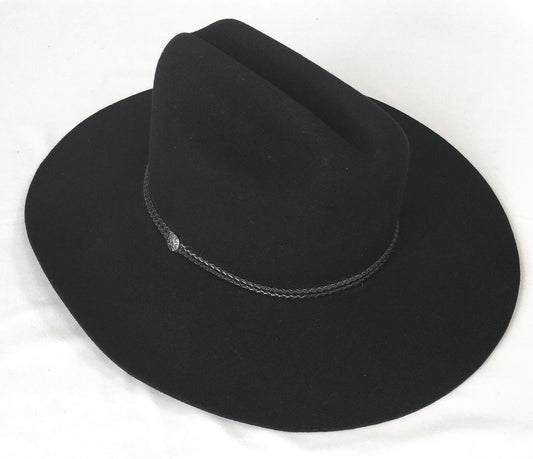 Vintage Inspired Stetson Black Felt Flatbrim Cowboy Hat with Woven Leather Band Detail, Sz. 6 3/4, Vintage Western Hat