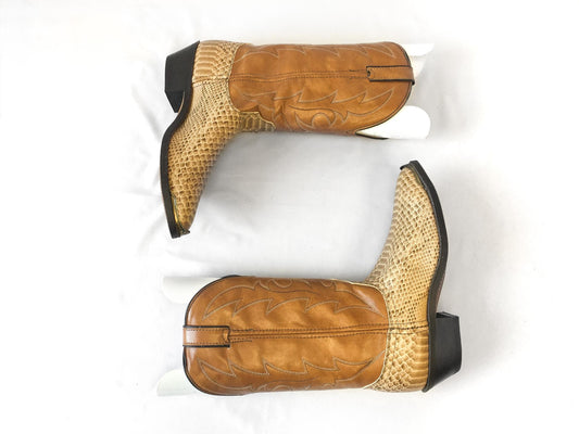 Laredo Brown Beige Snake Print Faux Leather Cowboy Boots, Men's Sz. 9D, Unique Statement Western Unisex Boots