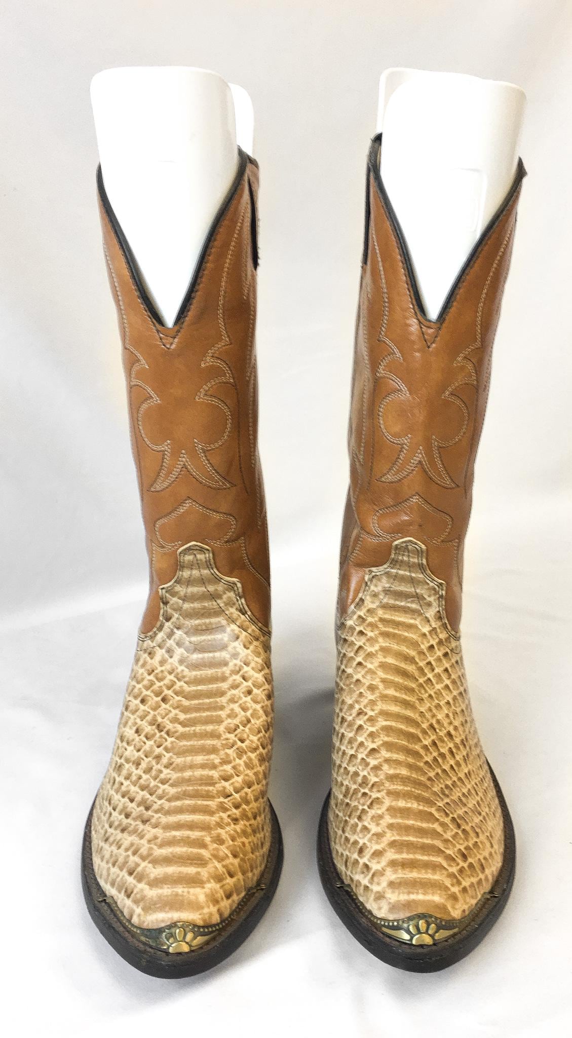 Vintage Inspired Laredo Brown Beige Snake Print Faux Leather Cowboy Boots, Men's Sz. 9D, Unique Statement Western Unisex Boots