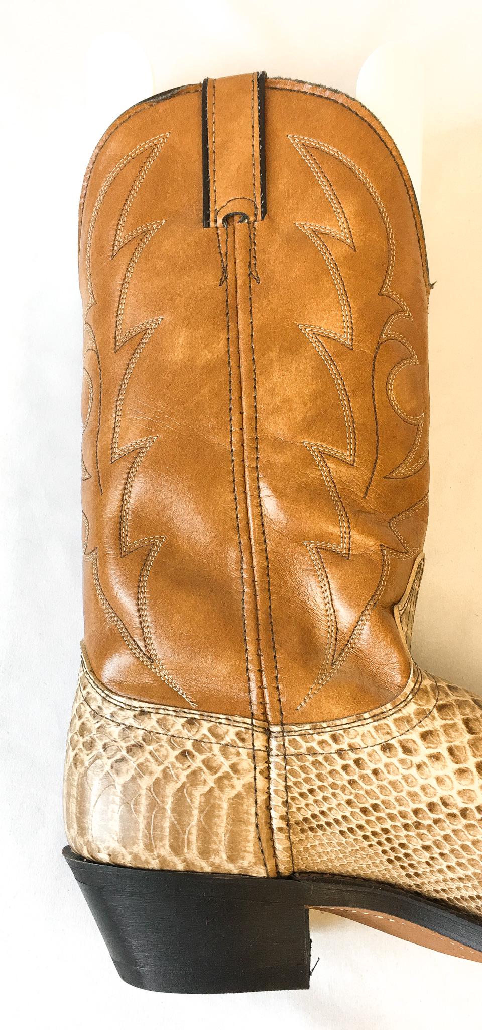 Vintage Inspired Laredo Brown Beige Snake Print Faux Leather Cowboy Boots, Men's Sz. 9D, Unique Statement Western Unisex Boots