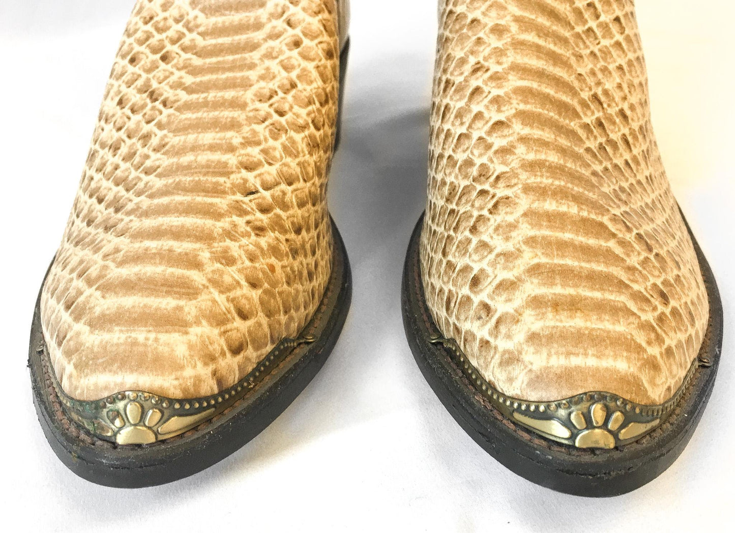 Vintage Inspired Laredo Brown Beige Snake Print Faux Leather Cowboy Boots, Men's Sz. 9D, Unique Statement Western Unisex Boots