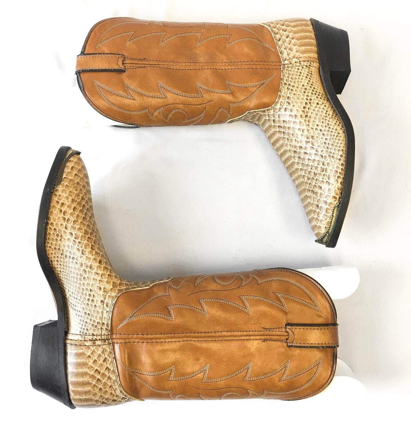Vintage Inspired Laredo Brown Beige Snake Print Faux Leather Cowboy Boots, Men's Sz. 9D, Unique Statement Western Unisex Boots