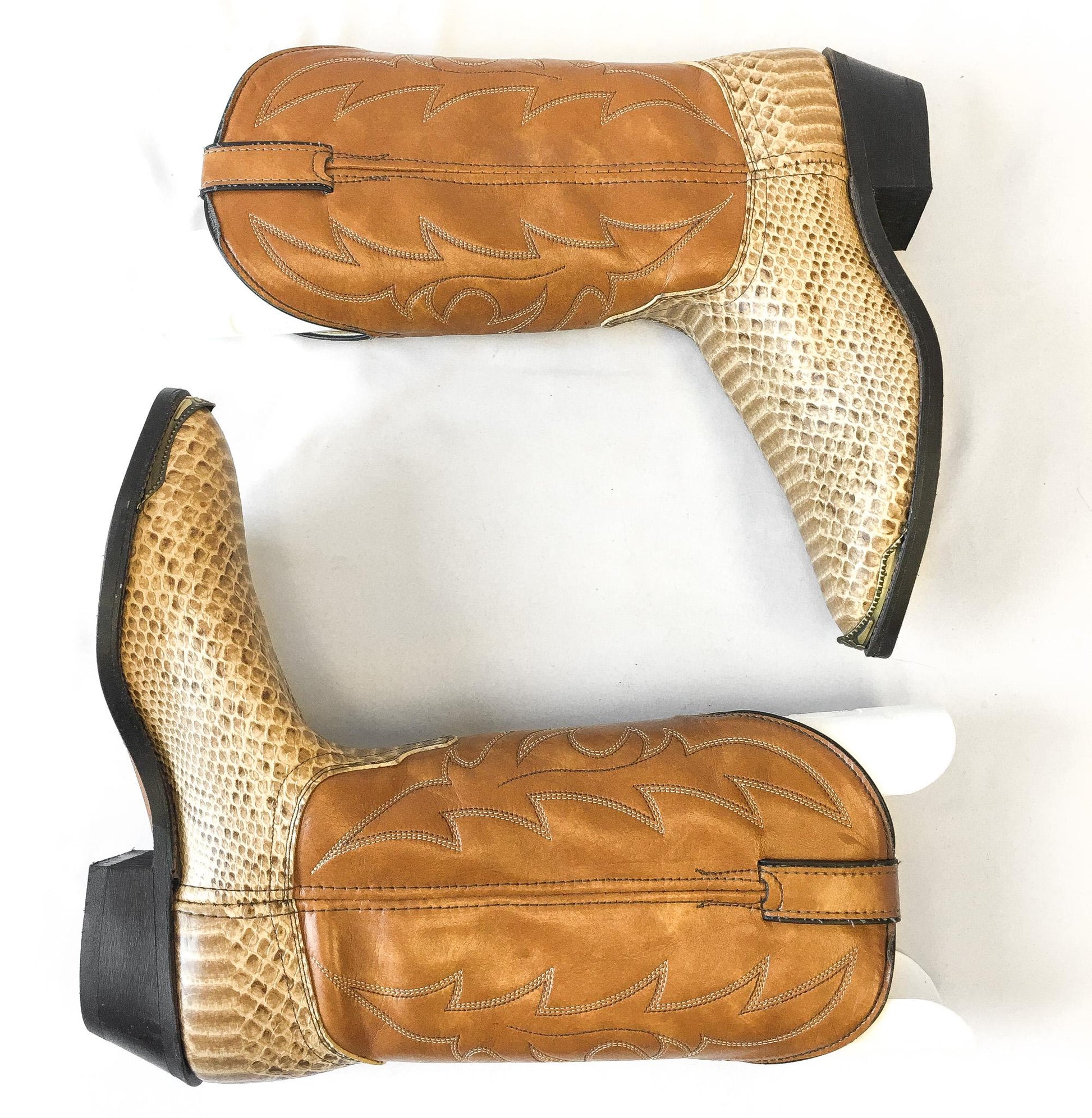 Vintage Inspired Laredo Brown Beige Snake Print Faux Leather Cowboy Boots, Men's Sz. 9D, Unique Statement Western Unisex Boots