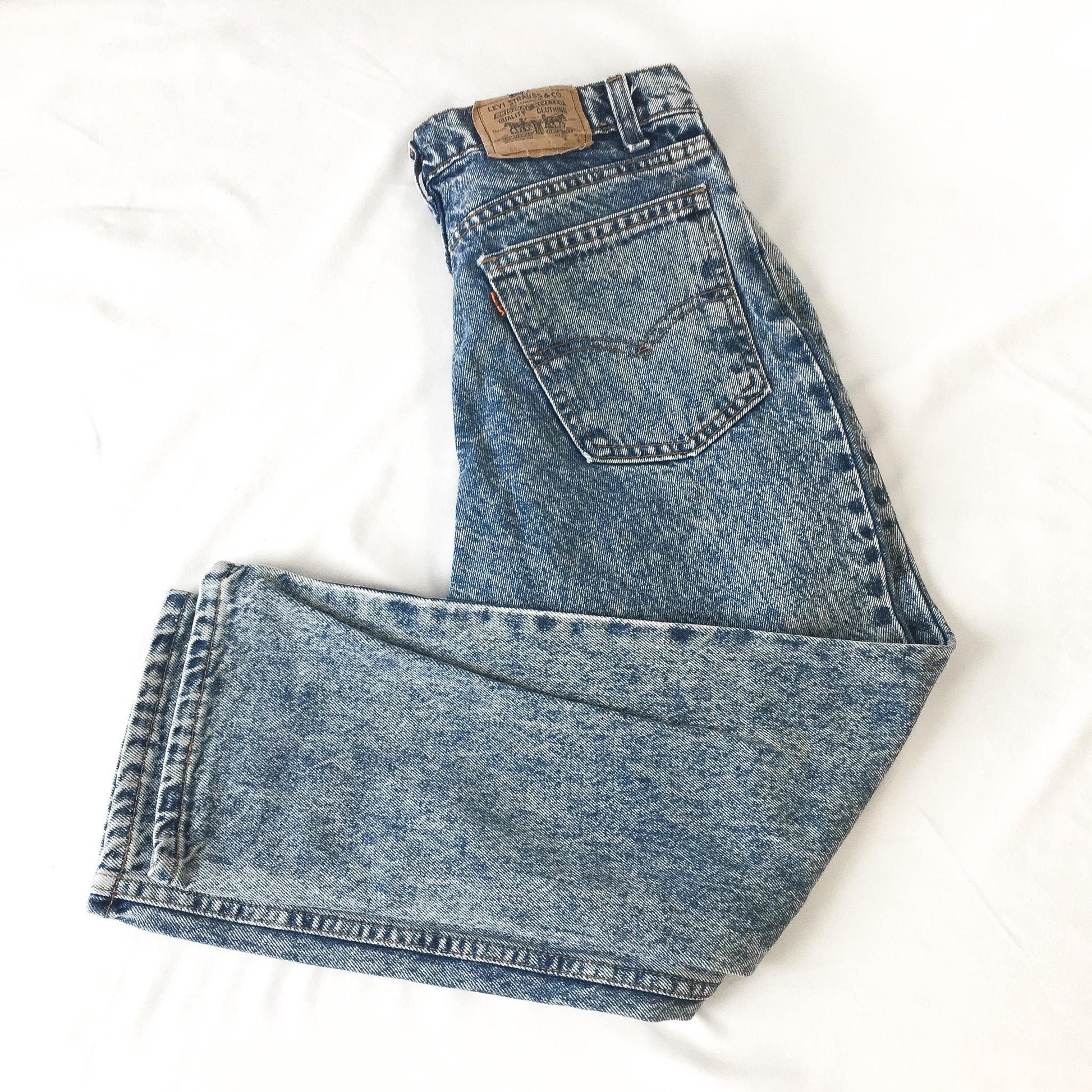 70s Levis 508 Medium Acid Washed Mid Rise Straight Tapered Leg Cropped Jeans, Sz. 28" x 24", Vintage Petite Size Jeans