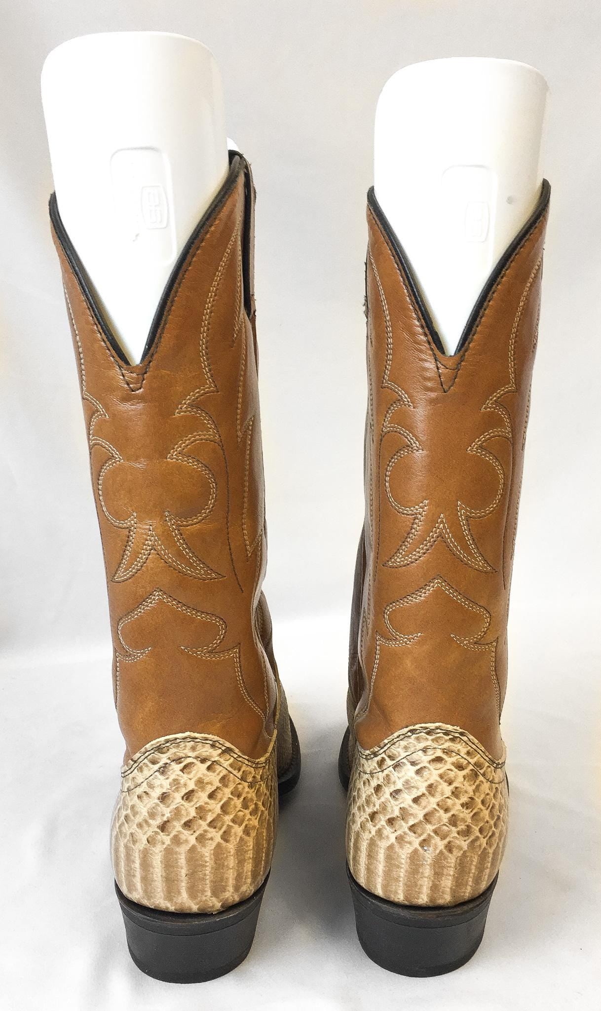 Vintage Inspired Laredo Brown Beige Snake Print Faux Leather Cowboy Boots, Men's Sz. 9D, Unique Statement Western Unisex Boots