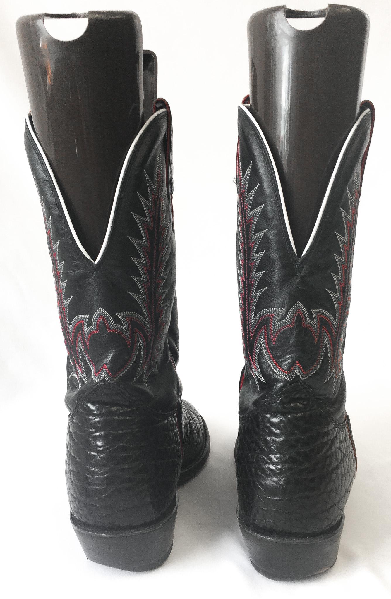 Vintage Nocona Black Bull Leather Cowboy Boots with Red Embroidery, Style #3013, Sz. 10.5D, Vintage Western Boots
