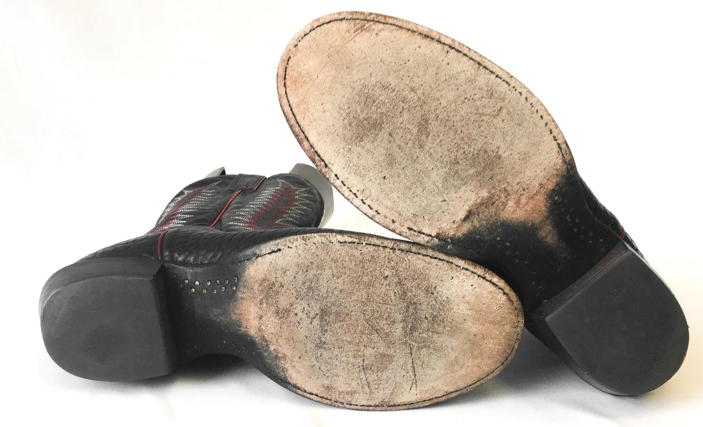 Vintage Nocona Black Bull Leather Cowboy Boots with Red Embroidery, Style #3013, Sz. 10.5D, Vintage Western Boots