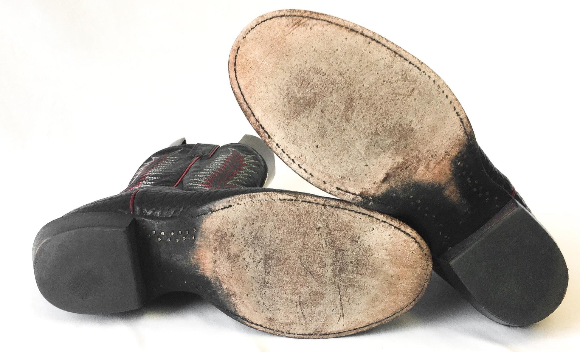 Vintage Nocona Black Bull Leather Cowboy Boots with Red Embroidery, Style #3013, Sz. 10.5D, Vintage Western Boots