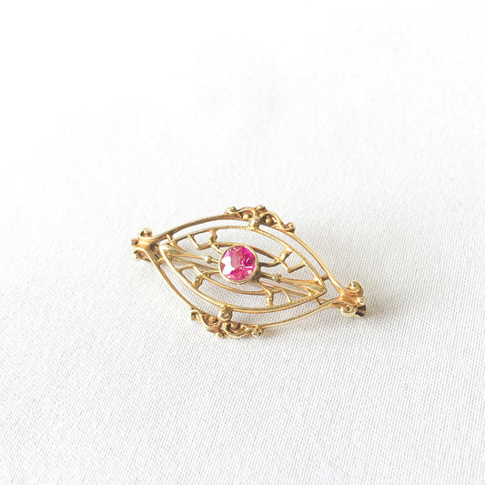 Vintage 14K Gold Pink Ruby Filigree Oval Brooch, Unique Edwardian Victorian Art Deco Style Brooch