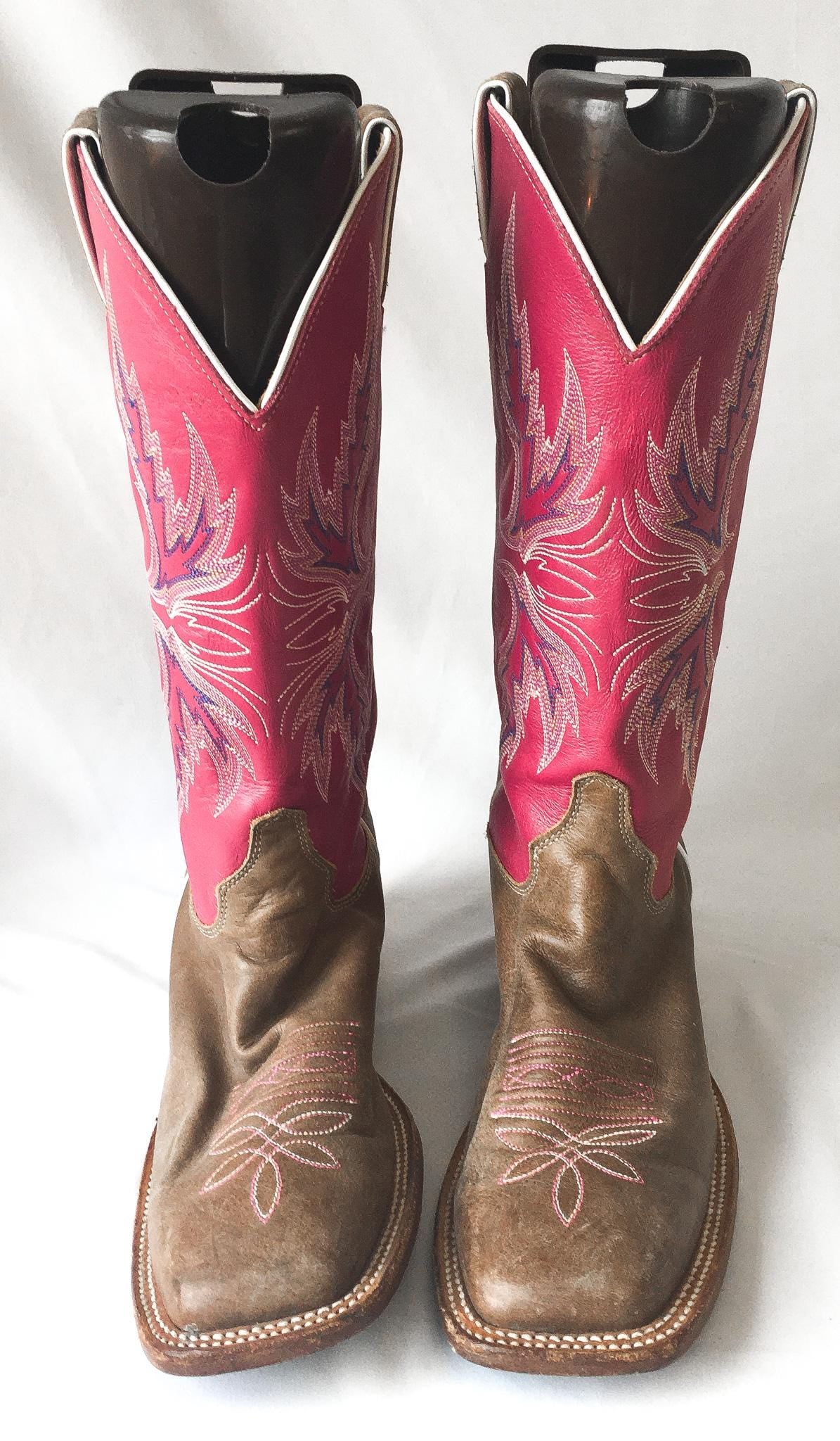 Justin Bent Rail Pink Brown Leather Square Toe Cowboy Boots, Style #BRL311, Women's Sz 9B, Vintage Unique Western Cowgirl Festival Boots