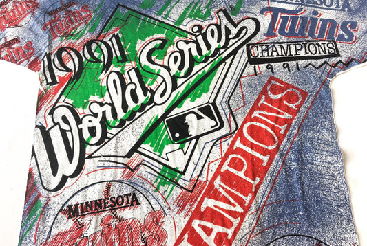 1991 Minnesota Twins World Series Champions All-Over Print Graphic T-Shirt, Mens Sz. XL Vintage MLB Minnesota Twins Streetwear Style Apparel