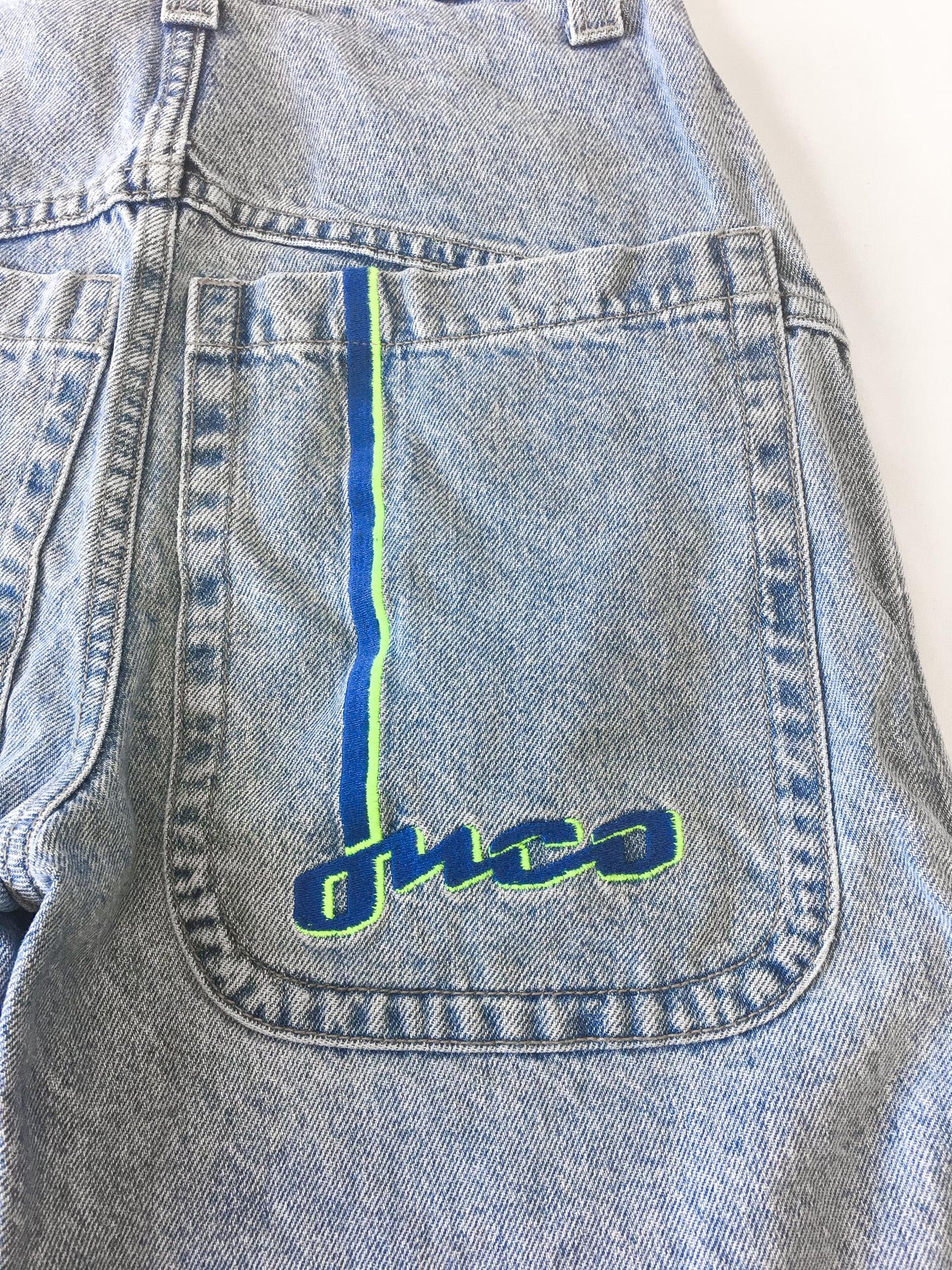 90s JNCO 2199 Boarder Neon Green/Blue Light Wash High Rise Denim Shorts, 26" Waist, Vintage Streetwear Jorts