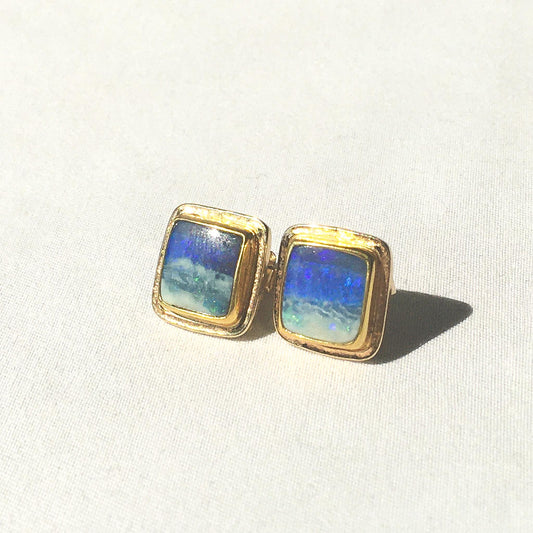 Vintage 14K & 22K Blue Opal Gold Frame Square Stud Earrings, Unique Elegant Opal Earrings