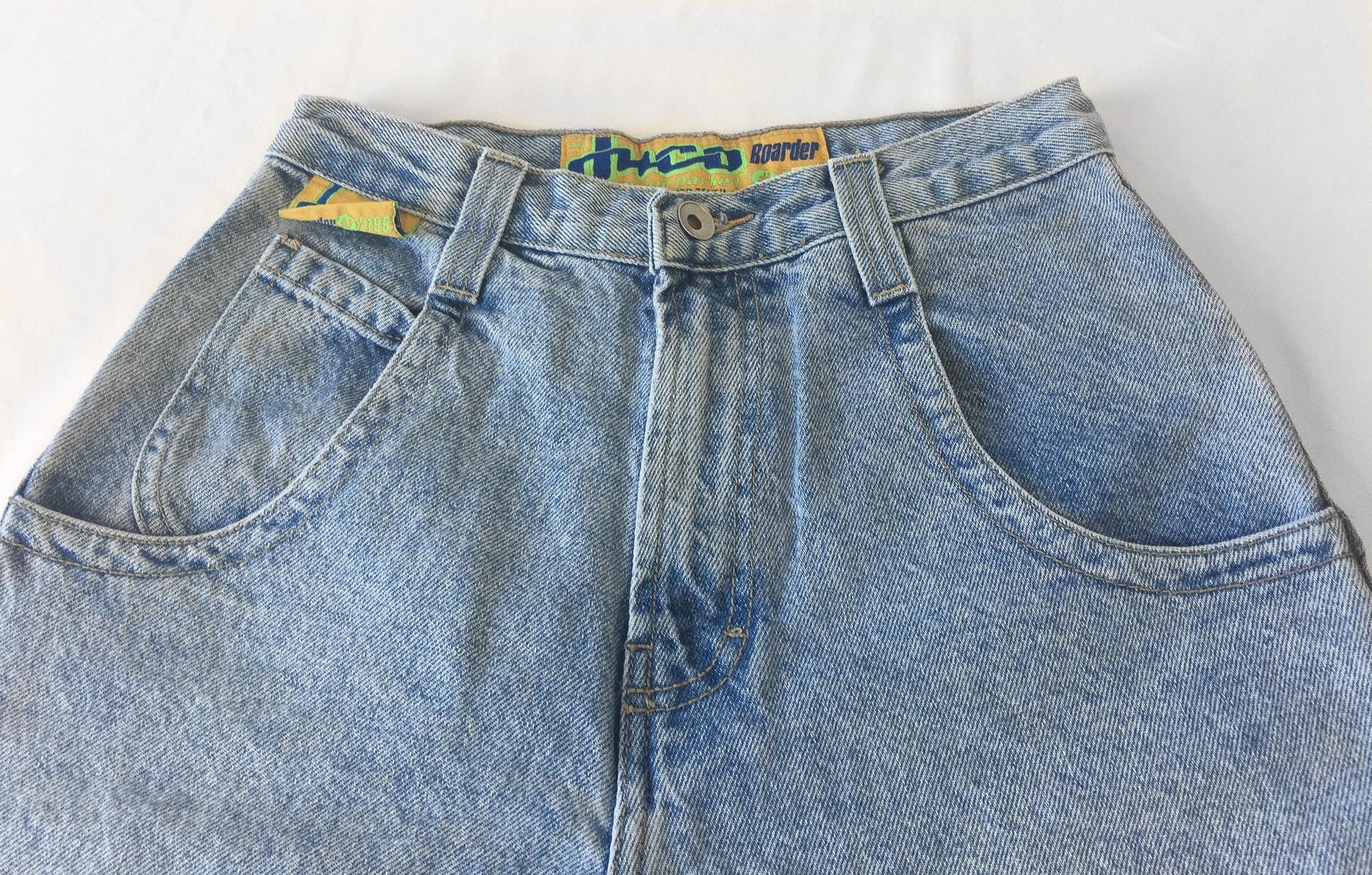 90s JNCO 2199 Boarder Neon Green/Blue Light Wash High Rise Denim Shorts, 26" Waist, Vintage Streetwear Jorts