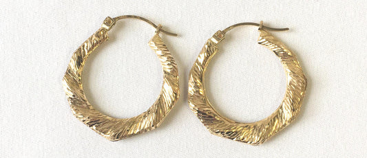 Vintage 14K/10K Hollow Octagon Ripple Textured Hoop Earrings, Lightweight Simple Dainty Everyday Minimalist Hoops