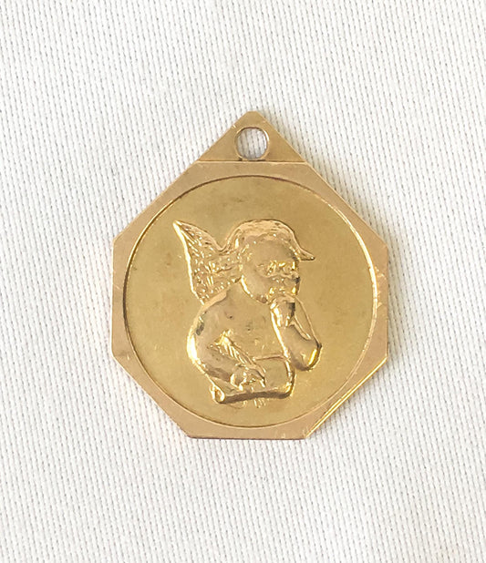 Vintage 18K 750 Yellow Gold Cherub Angel Teardrop Shaped Pendant, Dainty Simple Everyday Pendant