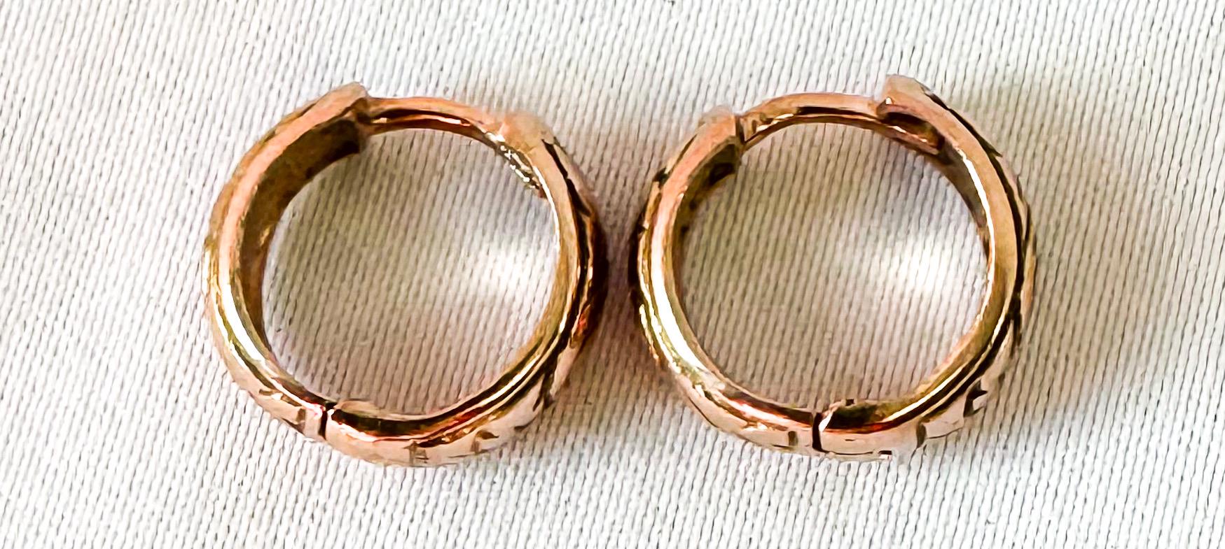 Vintage 9K 375 Rose Gold Floral Etched Mini Huggie Hoop Earrings, Roughly 4mm, Roughly .25", Unique Simple Minimalist Earrings