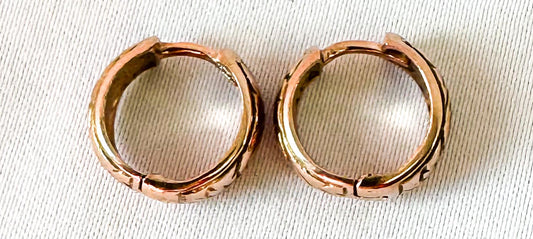 Vintage 9K 375 Rose Gold Floral Etched Mini Huggie Hoop Earrings, Roughly 4mm, Roughly .25", Unique Simple Minimalist Earrings