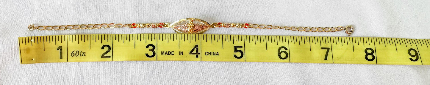 Vintage 12K 10K JCO Black Hills Gold Oval Leaf Motif 12K Gold Filled Chain Bracelet, 7.5"